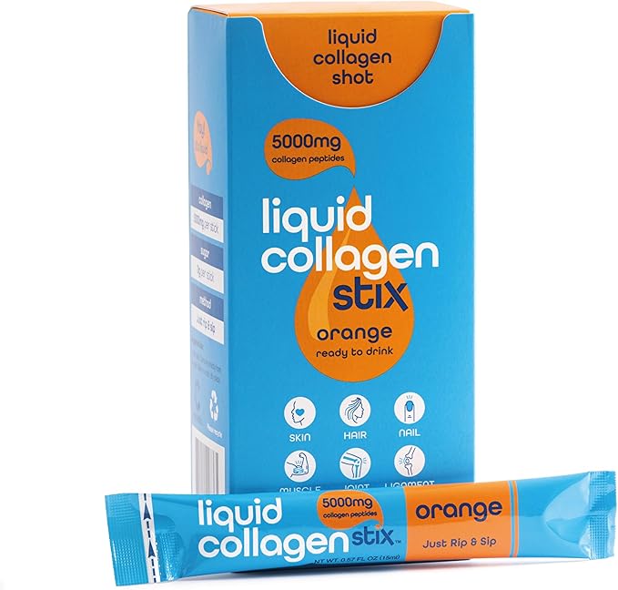 Hydrolyzed Liquid Collagen Peptides for Women & Men - Grass-Fed Bovine Protein Supplement for Hair Growth, Skin and Nails (Pack of 28, Orange)