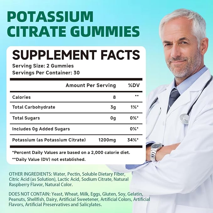 Potassium Citrate Supplement Gummies, Potassium Supplements for Women & Men, Helps Maintain Muscle Wellness & Electrolyte Balance, Vegan, Raspberry Flavor, 120 Count Potassium Gummies