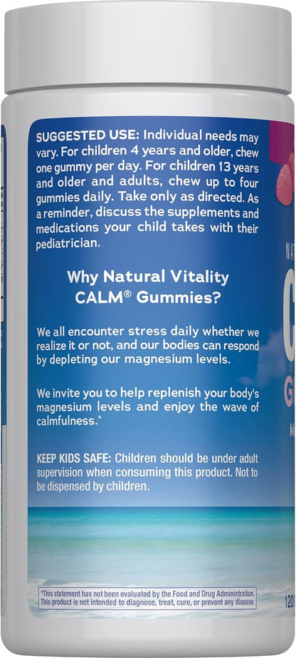 Natural Vitality Calm, Magnesium Citrate Supplement, Stress Relief Gummies, Supports a Healthy Response to Stress, Gluten Free, Vegan, Raspberry Lemon, 120 Gummies