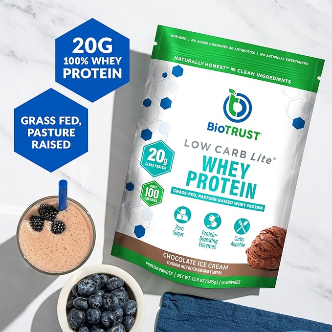 BioTrust Low Carb Lite, 20 Grams of Grass-Fed Whey Protein Isolate, 100 Calories, ProHydrolase Digestive Enzymes, Non-GMO, Free from Soy and Gluten, rBGH-Free (14 Servings) (Chocolate Ice Cream)