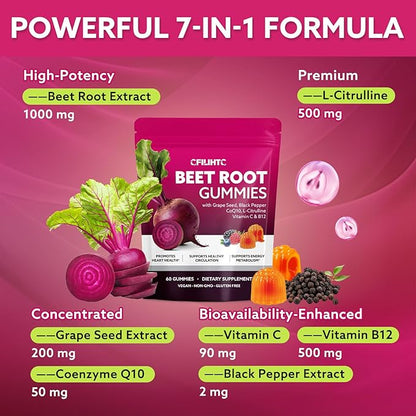 Beetroot Gummies - Beet Root for High Blood Pressure Supplements with Grape Seed Extract + CoQ10 + Black Pepper Extract + L-Citrulline + Vitamin C B12 Ultimate Heart for Blood Flow & Energy, 60 Count