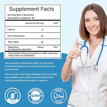Magnesium Glycinate Gummies 500mg, Sugar-Free for Adults & Kids, Magnesium Gummies for Sleep, Stress & Muscle Relief, Supports Bone & Nerve Health, Vegan, Pectin-Based, 60 Count, Blueberry Flavor