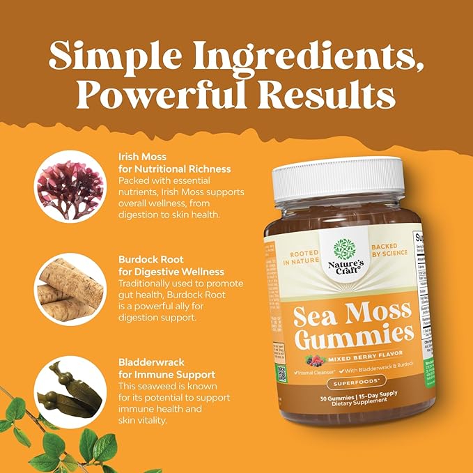 Sea Moss Gummies for Adults and Kids - Vegan Adult and Kids Immune Support Gummies with Burdock Bladderwrack Sea Moss Gel - Delicious Berry Flavor Supplement Men Women Children - 30 Count
