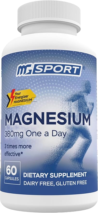 MGSPORT Magnesium Supplement 380mg - High Absorption Magnesium Complex Formula with Vitamins B6, D, E - Supports Muscle Function and Sleep Quality - 60 Servings