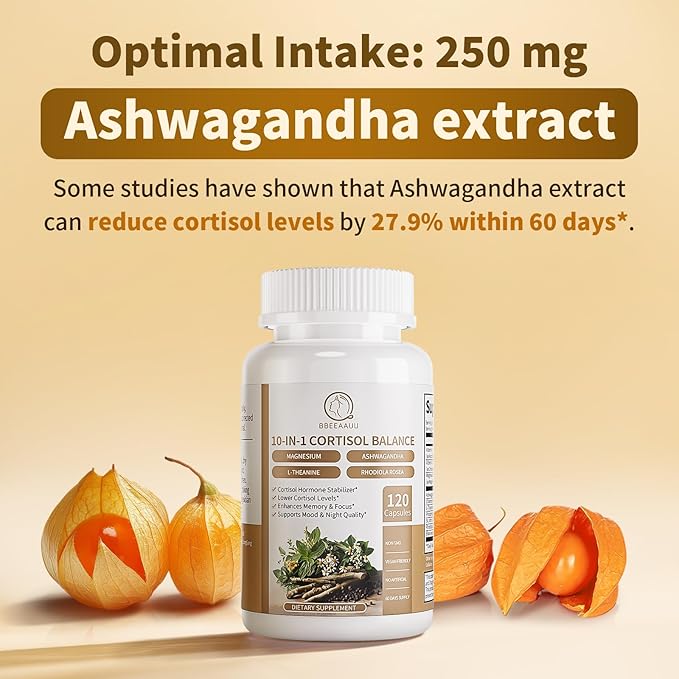 Cortisol Supplements for Women and Men, 10-in-1 Cortisol Reducer Manager Detox with Ashwagandha, Magnesium & L-Theanine, Lower High Cortisol Levels, Relaxation & Night Support, Non-GMO, 120 Capsules