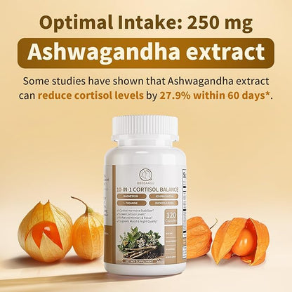 Cortisol Supplements for Women and Men, 10-in-1 Cortisol Reducer Manager Detox with Ashwagandha, Magnesium & L-Theanine, Lower High Cortisol Levels, Relaxation & Night Support, Non-GMO, 120 Capsules