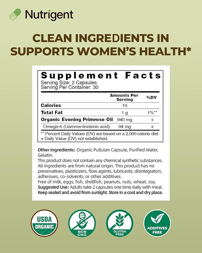 Organic Evening Primrose Oil Supplement, 940 mg 100% Pure with 10% GLA, High Absorption Liquid Organic Capsules, Promotes Women's Health & Skin Health, Cold Pressed, 60 Count