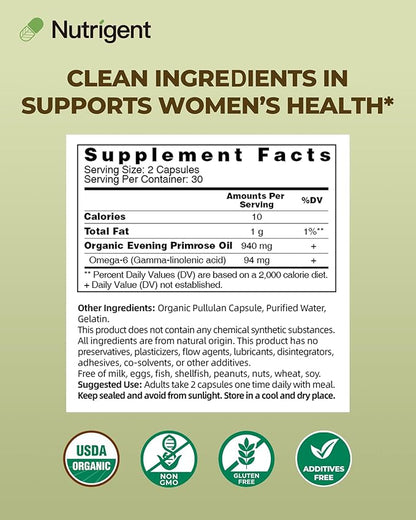 Organic Evening Primrose Oil Supplement, 940 mg 100% Pure with 10% GLA, High Absorption Liquid Organic Capsules, Promotes Women's Health & Skin Health, Cold Pressed, 60 Count