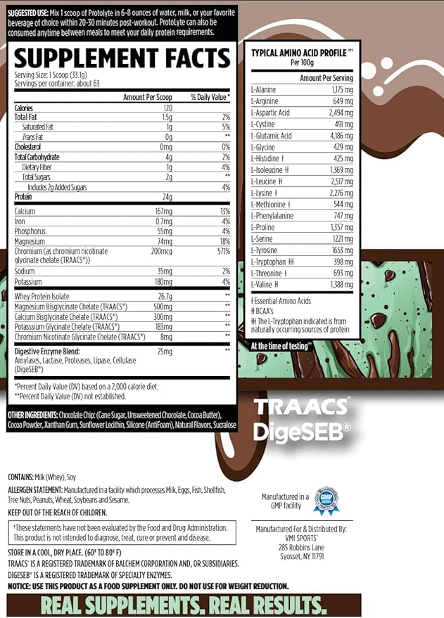 VMI Sports Protolyte 100% Whey Protein Isolate | Electrolytes Plus Enzymes | 22-25 Grams per Serving | Lactose and Gluten Free, Low Fat, Carbs & Sugar (4.6 lb, Mint Chocolate Chip)