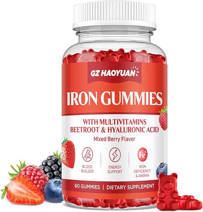 Iron Gummies for Women & Men - Iron Supplement with Multivitamin for Adults & Kids - Support Blood Builder, Energy, Iron Deficiency & Anemia - Sugar Free Iron Gummies Mixed Berry Flavor 60 ct