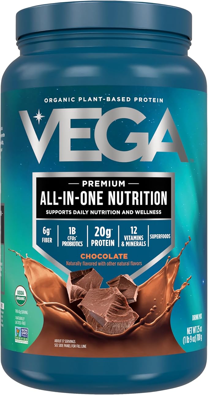 Vega Organic All-in-One Vegan Protein Powder, Chocolate - Superfood Ingredients, Vitamins for Immunity Support, Keto Friendly, Pea Protein for Women & Men, 1.6 lbs (Pack of 1)