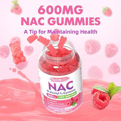 MEENCCD NAC Gummies, N Acetyl Cysteine 600mg, NAC Supplement for Antioxidants & Immune Support, Sugar-Free, Natural Raspberry Flavor, 60 Count