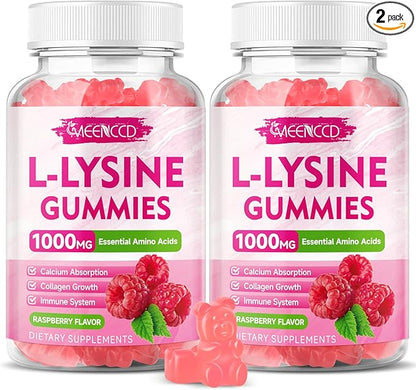 MEENCCD 2 Pack L-Lysine 1000mg Gummies, Lysine Supplement for Adults & Kids, Essential Amino Acid Supplement Supports Collagen Formation, Sugar-Free, Raspberry Flavor, 120 Count