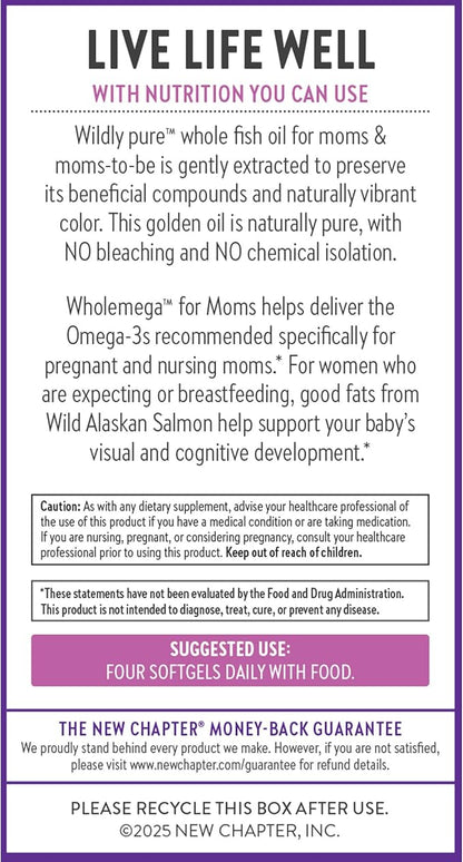 New Chapter Wholemega for Moms Fish Oil Supplement, Tiny Capsules, 2000mg per Serving, Prenatal DHA with Omega-3 + Vitamin D3 for Prenatal & Postnatal Support, 500mg Each - 90 Count