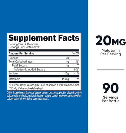 Nutricost Melatonin Gummies 20mg per Serving (180 Strawberry Flavored Gummies) - Gluten-Free