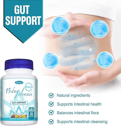 15 Day Cleanse Gut Support 1 Pack, Detox Supplement with Senna, Cascara Sagrada & Psyllium Husk, for Men and Women | 30 Capsules