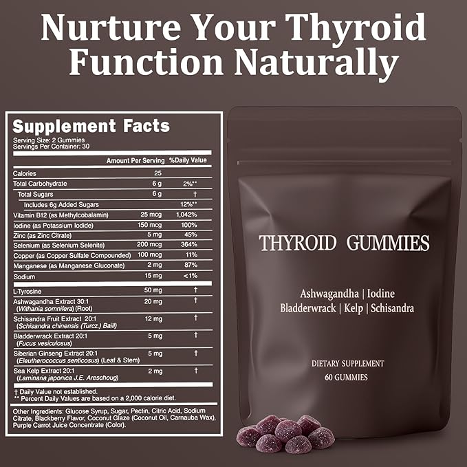 Thyroid Gummies for Women, Selenium Zinc Iodine L-Tyrosine Ashwagandha Gummies, Thyroid Bloom, Body Balance & Support - 60 Count