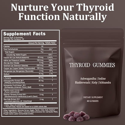 Thyroid Gummies for Women, Selenium Zinc Iodine L-Tyrosine Ashwagandha Gummies, Thyroid Bloom, Body Balance & Support - 60 Count