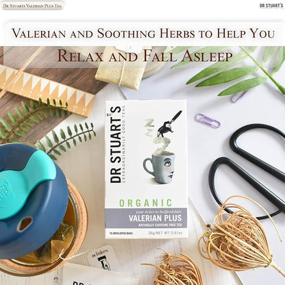 Dr Stuart's Organic Valerian Plus Tea | Herbal Blend of Chamomile, Valerian Root & Fennel | Bedtime Tea Helps in Restful Sleep & Relaxation | Naturally Caffeine Free | 0.91 Oz (15 Teabags)