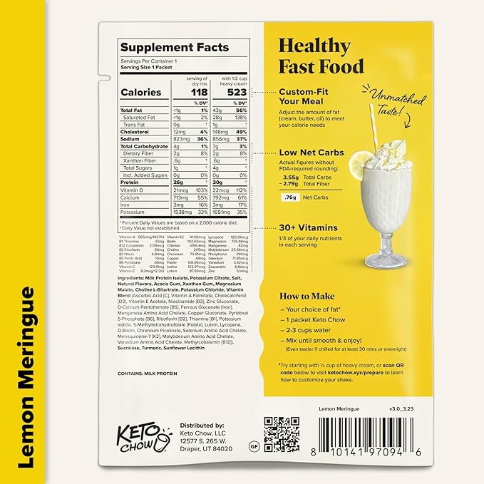 Keto Chow Lemon Meringue - Keto Meal Replacement Shake Powder - Nutritionally Complete - Low Carb - Delicious Easy Meal Substitute - Protein Rich You Choose The Fat - Single Meal Sample