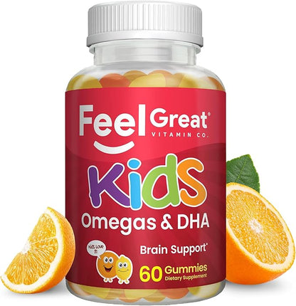 Feel Great Vitamins Kids DHA Gummies with Omega 3 6 9, Vitamin C (2-Pack) | Supports Healthy Brain Function, Vision & Heart Health | Gluten Free, Vegetarian | 60 Gummies