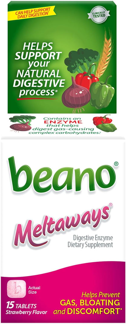Beano Meltaways Digestive Enzyme Supplement - Strawberry Flavor, Dissolvable Supplement with Enzymes for Digestion, Gas Prevention & Bloating Relief, 15 Count