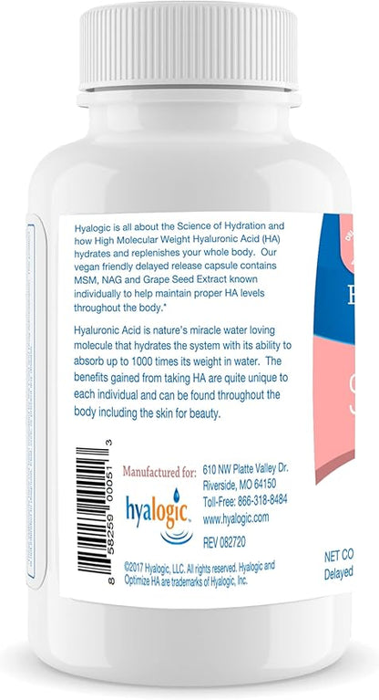 Hyalogic 120 Mg Hyaluronic Acid Delayed-Release Capsules – Skin Supplement w/Glucosamine MSM – Body Health Food Supplement w/Grape Seed Extract – Vegan & Non-GMO Dietary Supplements (30 Count)