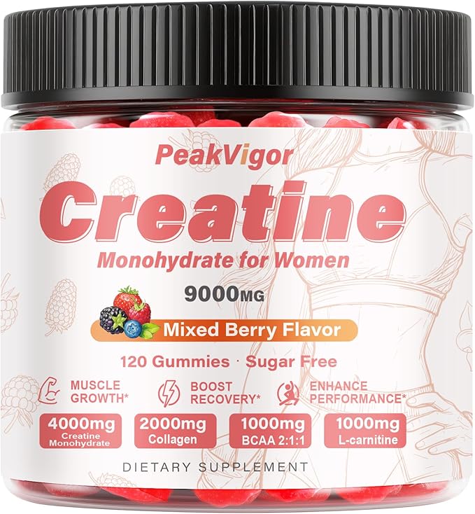 12 IN 1 Creatine Monohydrate Gummies Complex 9000mg for Women and Men，Creatine Gummies for Women with L-Carnitine，Taurine，Collagen，Vitamin C& B12，Sugar Free & Vegan，120 Gummy，Mixed Berry Flavor