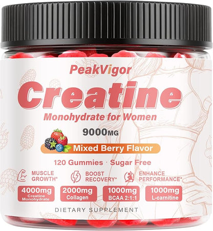 12 IN 1 Creatine Monohydrate Gummies Complex 9000mg for Women and Men，Creatine Gummies for Women with L-Carnitine，Taurine，Collagen，Vitamin C& B12，Sugar Free & Vegan，120 Gummy，Mixed Berry Flavor