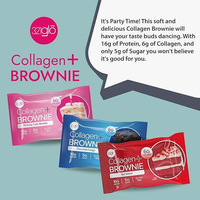 321glo Collagen Protein Brownie | Gluten Free, Low Sugar | Keto Snack for Women, Men, & Kids | 16g Protein, 6g Collagen | 12 Pack (12 Pack, Variety Pack)