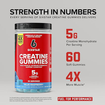 Six Star Sugar-Free Creatine Gummies for Men & Women - Pre & Post Workout Creatine Monohydrate Gummy for Muscle Building & Strength, Lean Muscle Gains & Recovery - Blue Raspberry, 30 Servings
