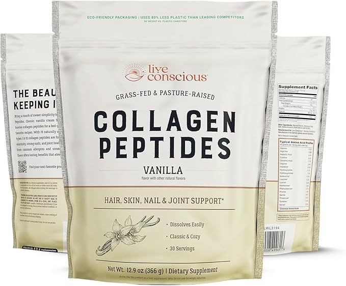 Live Conscious Collagen Peptides Powder - Vanilla Flavored Collagen - Hair, Skin, Nail, & Joint Support - Type I & III Grass-Fed Collagen Supplements for Women and Men - 30 Servings - 13oz (2-Pack)