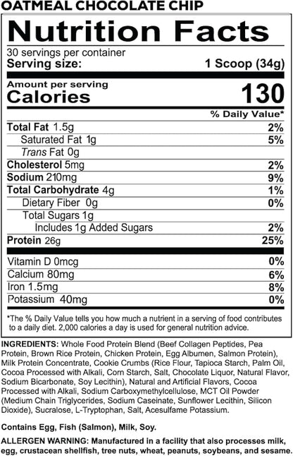 REDCON1 MRE LITE Whole Food Protein Powder, Oatmeal Chocolate Chip - Lactose Free Meal Replacement with Animal Protein Blends - Easy to Digest Formula - Only 4g Carb per Serving (30 Servings)