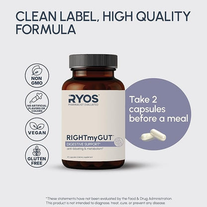 Digestive Enzymes for Bloating & Gas – Supports Food Breakdown & Nutrient Absorption – 6 Enzymes + 3 Probiotics – Complete GI Health Supplement - RIGHTmyGUT Daily Digestive Support – 60 Vegan Capsules