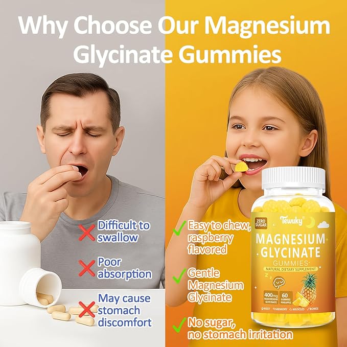 Magnesium Glycinate Gummies 400mg - Sugar Free Vegan Gummies for Adults & Kids with Vitamin D3, B6, C, CoQ10, Collagen, Zinc - Sleep, Muscle, Bone & Memory Support - 60 Pineapple Chewables