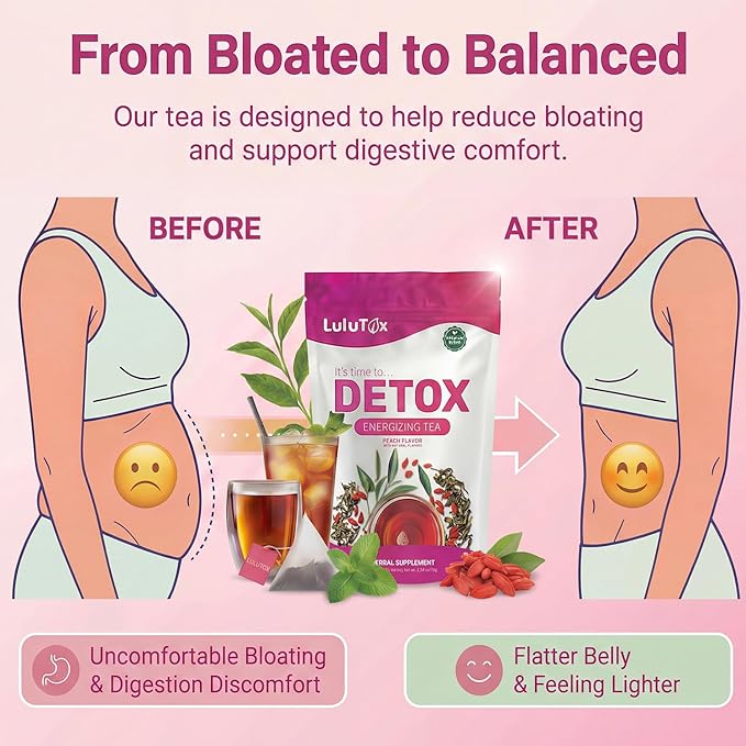 LULUTOX Detox Tea - Herbal Blend with Dandelion, Ginseng, and Ginger - Supports A Healthy Weight, Digestive Health - Vegan, All Natural, Laxative-Free - Peach Flavor (3 Pack x 28 Servings)