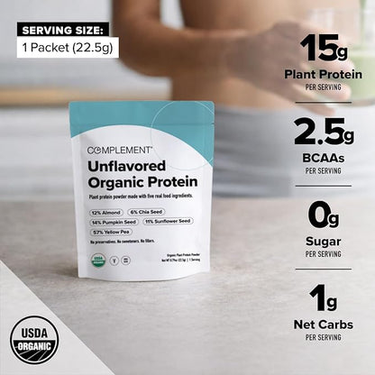Complement Vegan Unflavored Protein Powder - Organic Protein Low Carb, Low Calorie, Sugar Free, Soy Free, Non-GMO, Gluten Free - 15g Yellow Pea, Pumpkin Seed Protein Powder (1 Serving)