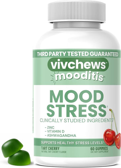 Mood & Stress Gummies – Zinc, Vitamin D & Ashwagandha for Calm & Emotional Balance, Natural Tart Cherry Flavor, Fruit Pectin Based, Non-GMO, No Artificial Colors or Sweeteners, 60 Count