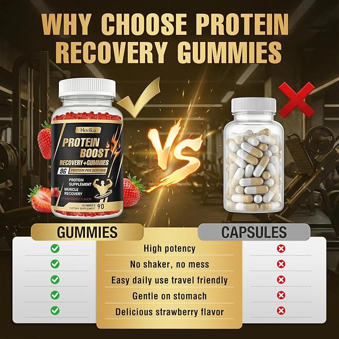 Whey Protein Gummies, 9g Protein per Serving, Easy to Take Snacks for Men & Women, Recovery + Supplement Gummies for Protein Boost, Muscle, Energy Support, Strawberry Flavor, 90 Gummies