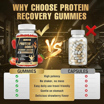 Whey Protein Gummies, 9g Protein per Serving, Easy to Take Snacks for Men & Women, Recovery + Supplement Gummies for Protein Boost, Muscle, Energy Support, Strawberry Flavor, 90 Gummies