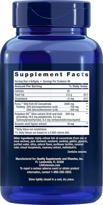 Life Extension Super Omega-3 360 Softgels (Pack of 2), Easy to Swallow, EPA/DHA Omega3 Fish Oil, Sesame Lignans & Olive Extract