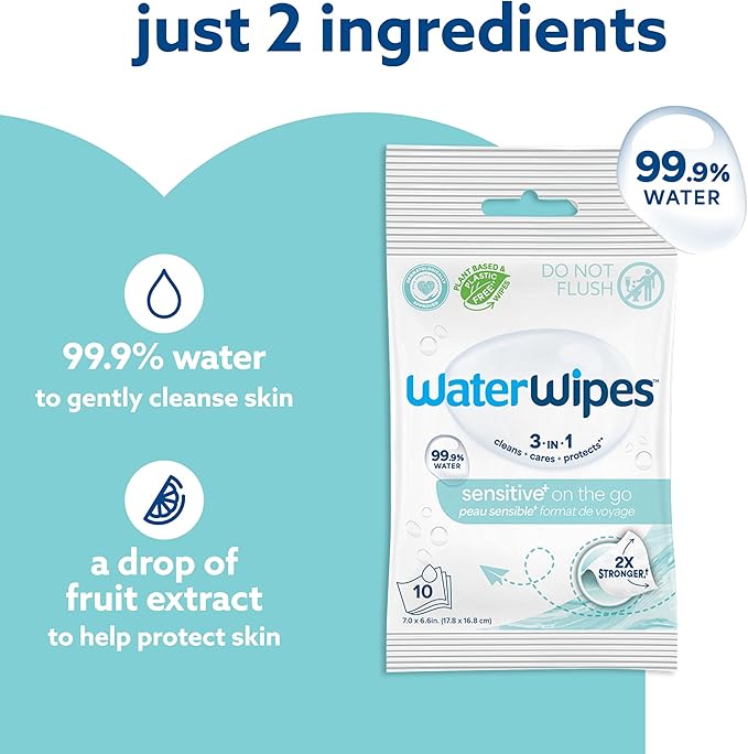 WaterWipes Sensitive+ On The Go Wipes,3-In-1 Cleans,Cares,Protects,99.9% Water,Unscented & Hypoallergenic Wet Wipes,28 Count (Pack of 2)