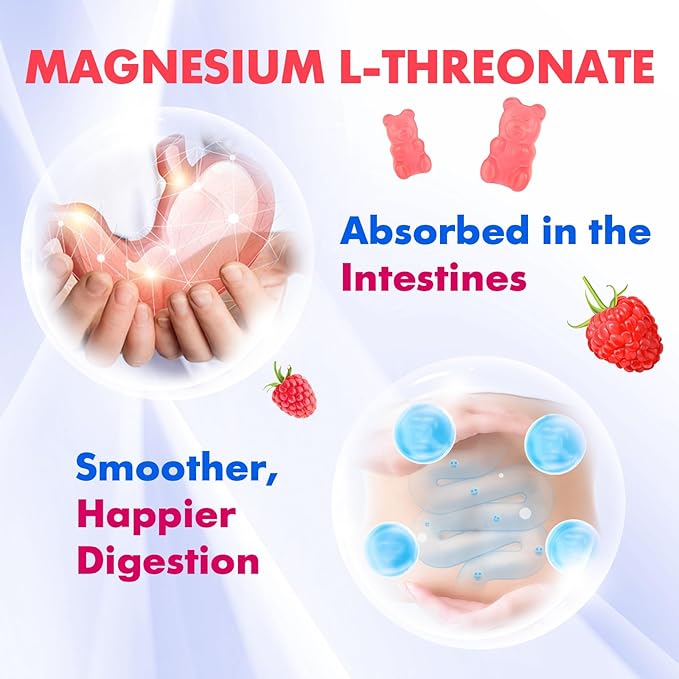 1000mg Magnesium L-Threonate Gummies for Kids & Adults - Muscle & Nervous System Support, Vegan, Sugar-Free Raspberry Flavor, 60 Gummies
