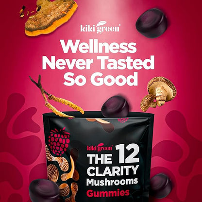 KIKI Green 12 Mushroom Supplement Gummies - Lion's Mane, Cordyceps, Chaga, Reishi, Turkey Tail & 7 More for Memory, Focus, Immunity - 60 Mushroom Gummies for Adults with Raspberry Flavor 10:1 Extract