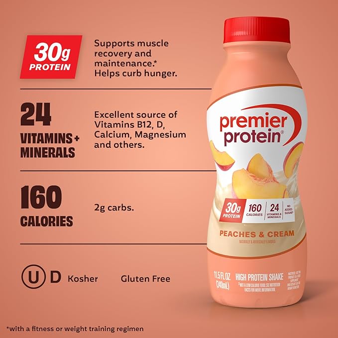 Premier Protein Shake, Peaches & Cream, 30g Protein, No Added Sugar, 24 Vitamins & Minerals to Support Immune Health, 11.5 fl oz, 12 Pack
