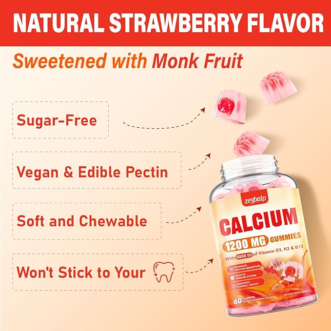 Calcium 1200 mg with Vitamin D3 Supplement for Adults - Calcium Gummies with Vitamin D3 5000IU, K2, B12 for Women Men - Extra Absorption Calcium Citrate - Natural Strawberry Flavor, 60 Gummies