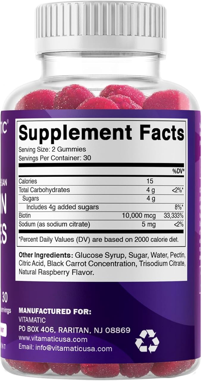 Vitamatic Biotin Gummies 10,000 mcg for Stronger Hair, Skin & Nails - 60 Vegan Gummies - Also Called Vitamin B7 (3 Bottles)