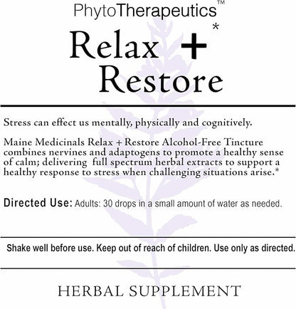 Relax + Restore Alcohol-Free Herbal Stress Support- with Nervines and Adaptogens for Healthy Calm* Certified Organic - 2 floz (60 Servings)
