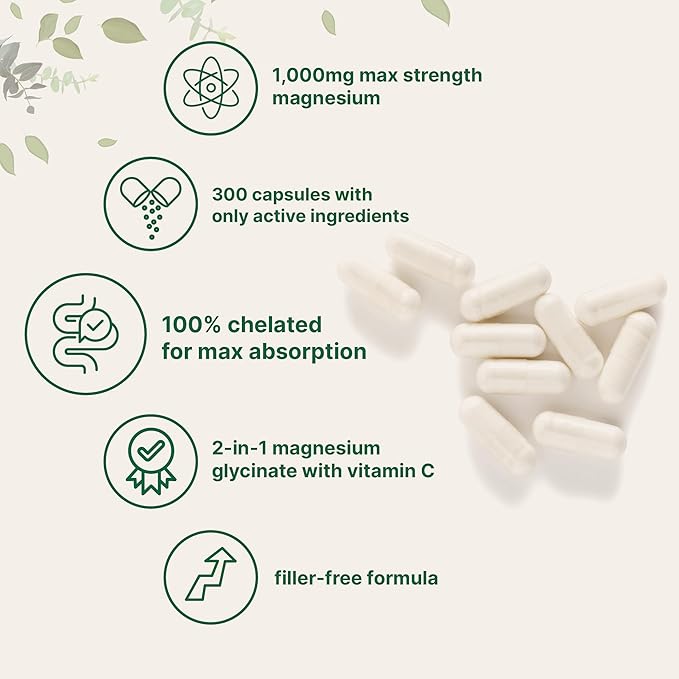 Pure Magnesium Glycinate 1,000mg, 300 Capsules | 100% Chelated for Max Absorption | Enhanced with Vitamin C | Only Uses Active Ingredients
