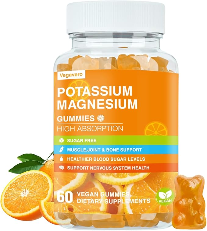 Potassium Magnesium Gummies - Magnesium Glycinate B6,D3 & Potassium Citrate for Leg Cramps,Muscle,Electroyte for Adults Kids,Sugar-Free - 60 Orange Gummies